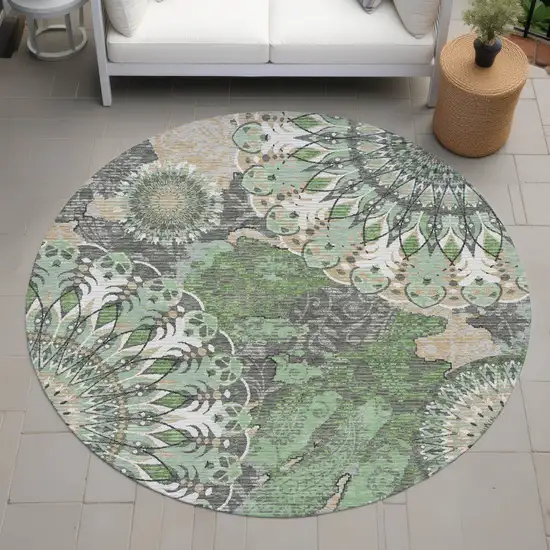 8' Green Ivory And Gold Round Paisley Washable Indoor Outdoor Area Rug Photo 8