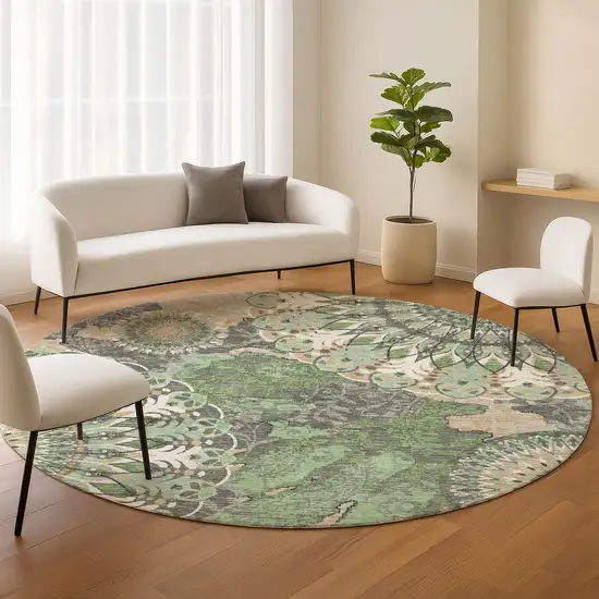 8' Green Ivory And Gold Round Paisley Washable Indoor Outdoor Area Rug Photo 9