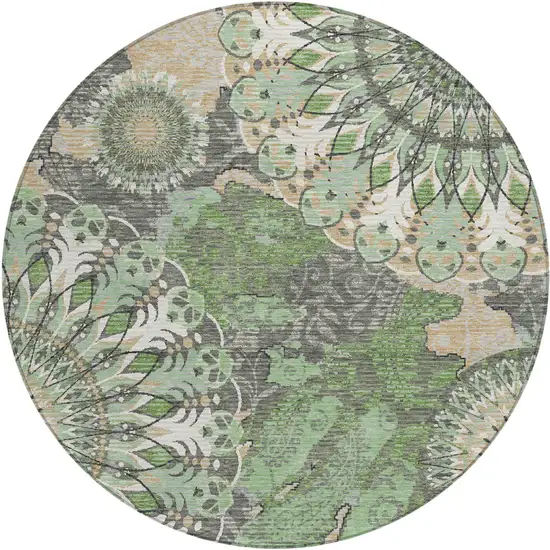 8' Green Ivory And Gold Round Paisley Washable Indoor Outdoor Area Rug Photo 2