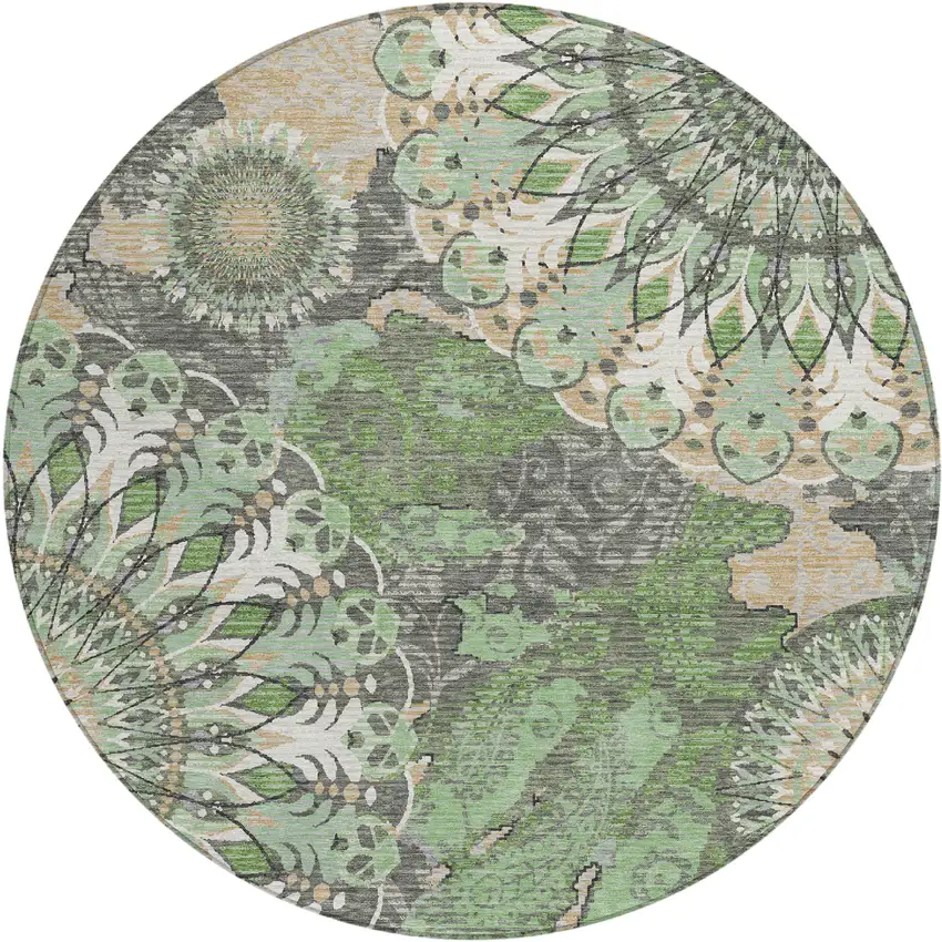 8' Green Ivory And Gold Round Paisley Washable Indoor Outdoor Area Rug Photo 2