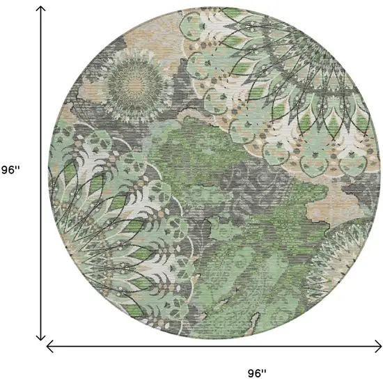 8' Green Ivory And Gold Round Paisley Washable Indoor Outdoor Area Rug Photo 3