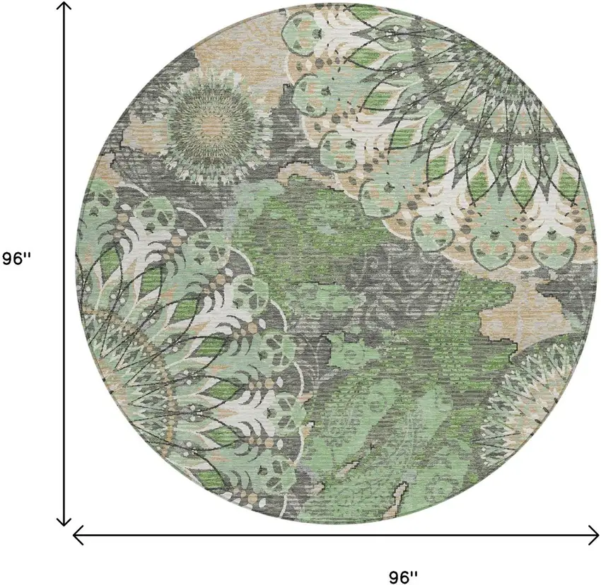 8' Green Ivory And Gold Round Paisley Washable Indoor Outdoor Area Rug Photo 3