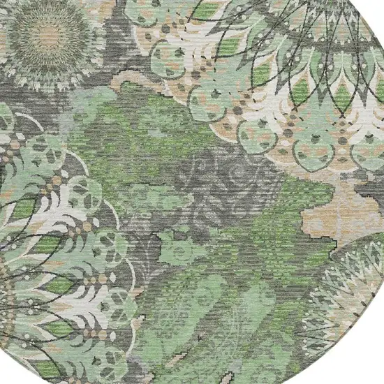 8' Green Ivory And Gold Round Paisley Washable Indoor Outdoor Area Rug Photo 7