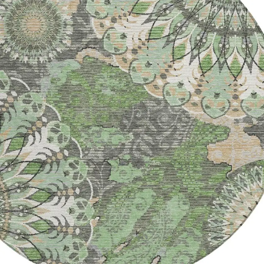 8' Green Ivory And Gold Round Paisley Washable Indoor Outdoor Area Rug Photo 7