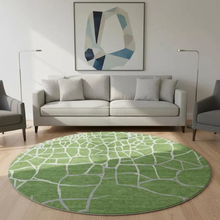 8' Green Ivory And Gray Abstract Geometric Washable Round Rug With UV Protection Photo 2