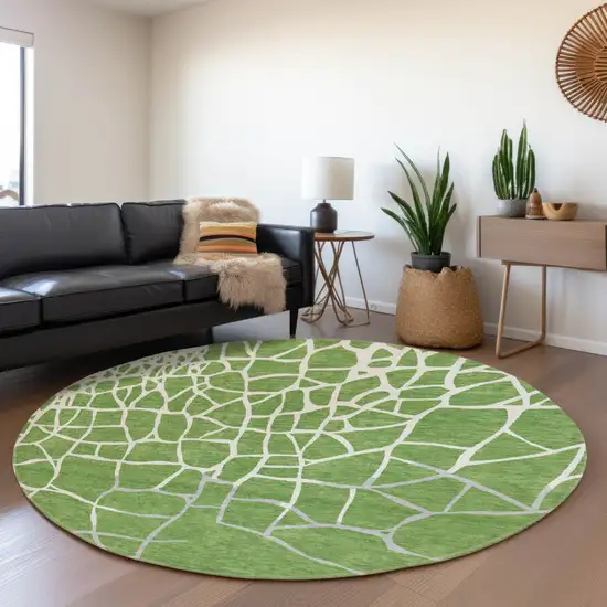8' Green Ivory And Gray Abstract Geometric Washable Round Rug With UV Protection Photo 4