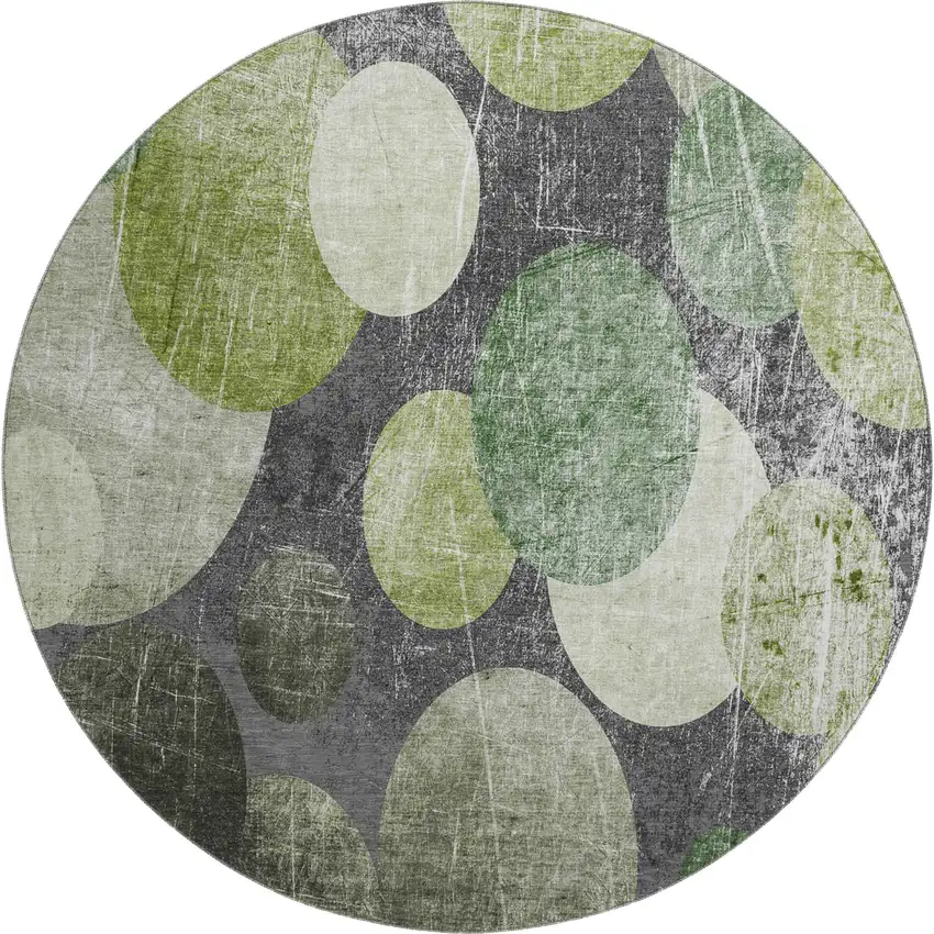 8' Green Ivory And Gray Abstract Washable Round Rug With UV Protection Photo 1