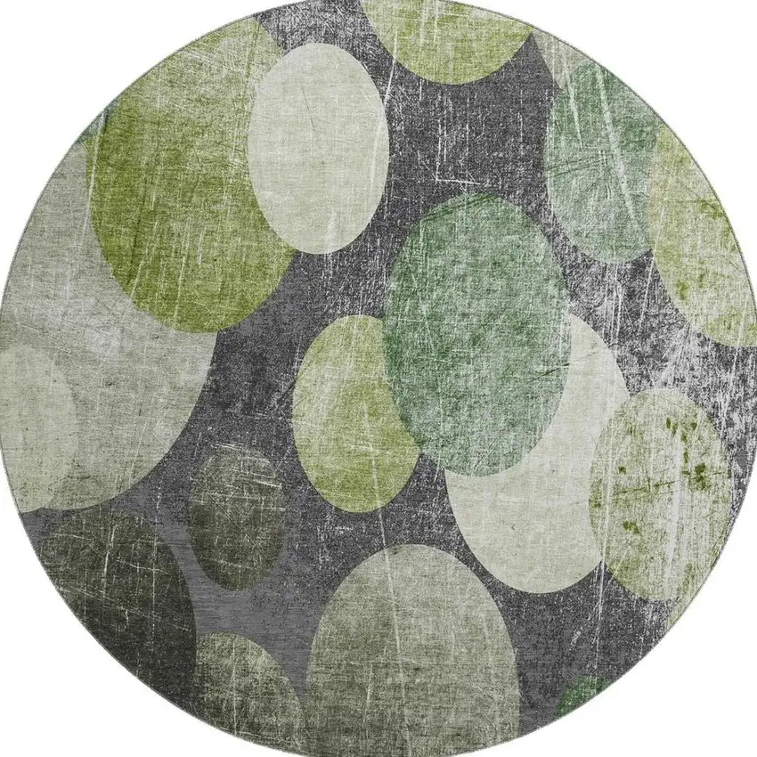 8' Green Ivory And Gray Abstract Washable Round Rug With UV Protection Photo 4