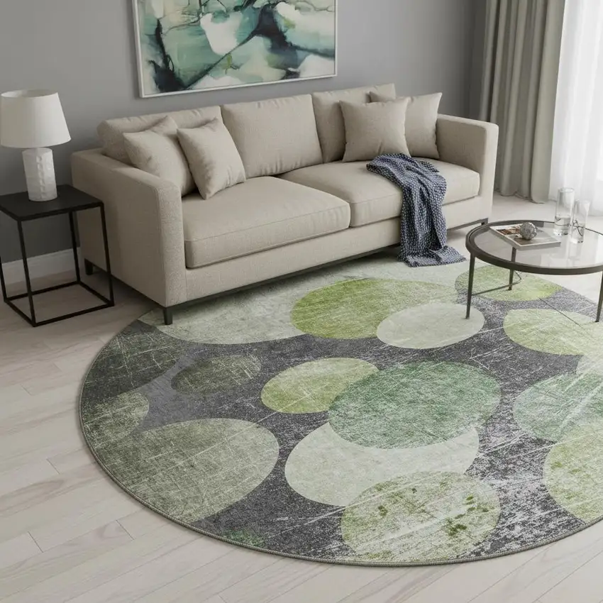 8' Green Ivory And Gray Abstract Washable Round Rug With UV Protection Photo 2