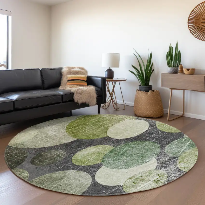 8' Green Ivory And Gray Abstract Washable Round Rug With UV Protection Photo 5