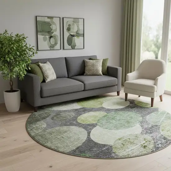 8' Green Ivory And Gray Abstract Washable Round Rug With UV Protection Photo 1