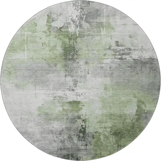 8' Green Ivory And Gray Abstract Washable Round Rug With UV Protection Photo 3