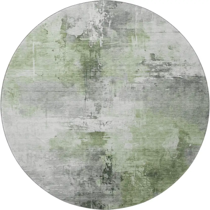 8' Green Ivory And Gray Abstract Washable Round Rug With UV Protection Photo 3
