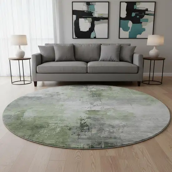 8' Green Ivory And Gray Abstract Washable Round Rug With UV Protection Photo 2
