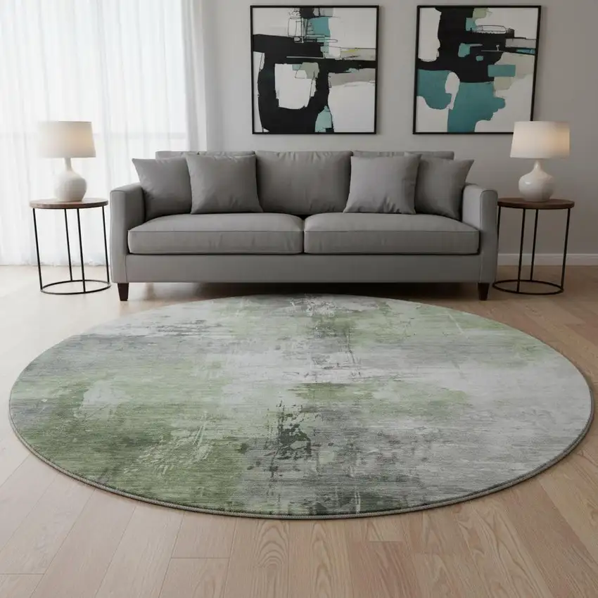 8' Green Ivory And Gray Abstract Washable Round Rug With UV Protection Photo 2