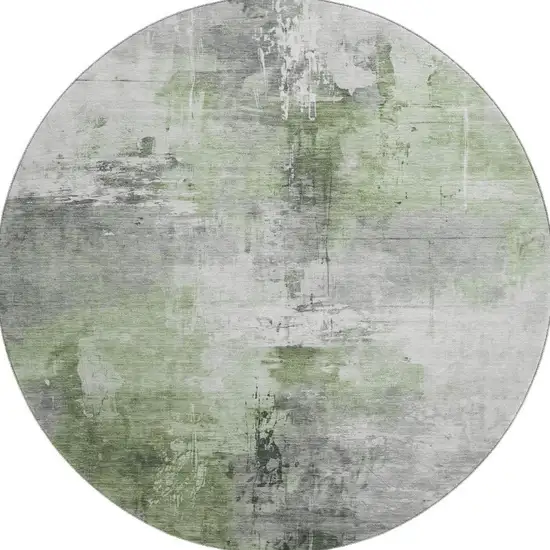 8' Green Ivory And Gray Abstract Washable Round Rug With UV Protection Photo 2