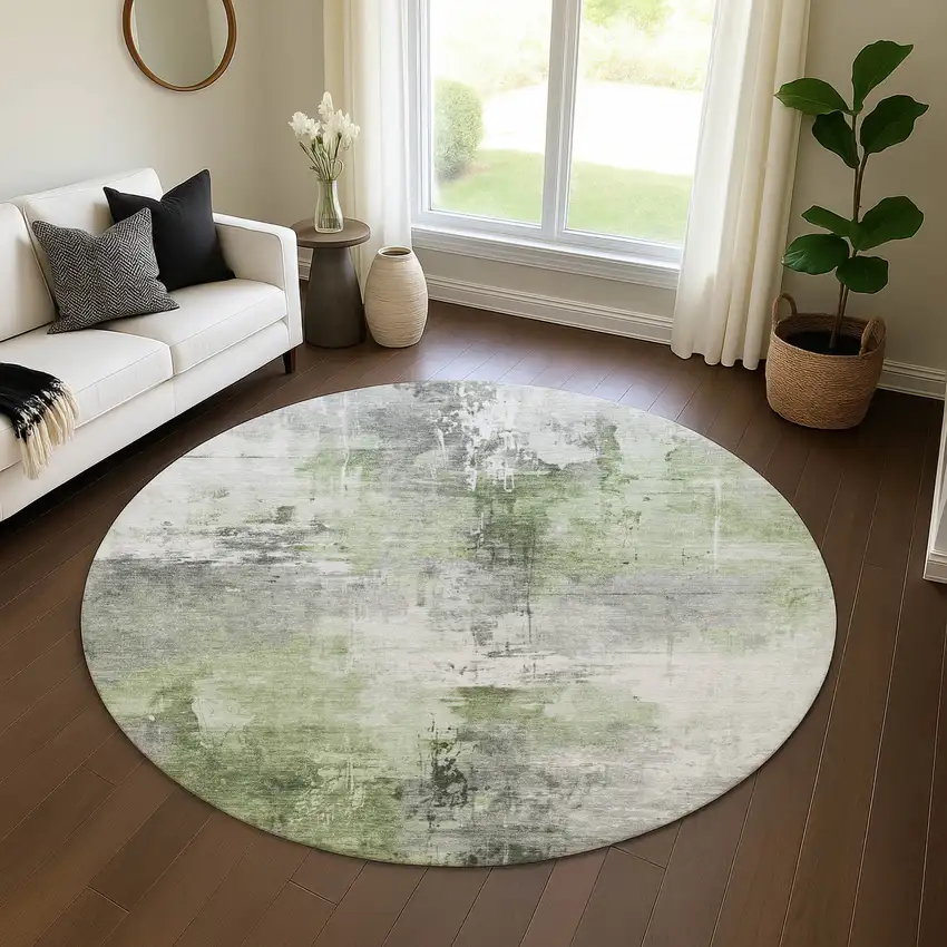 8' Green Ivory And Gray Abstract Washable Round Rug With UV Protection Photo 4