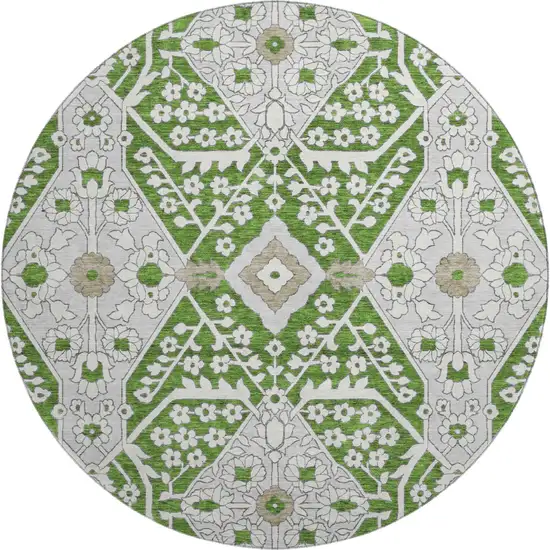 8' Green Ivory And Gray Floral Washable Round Rug With UV Protection Photo 2