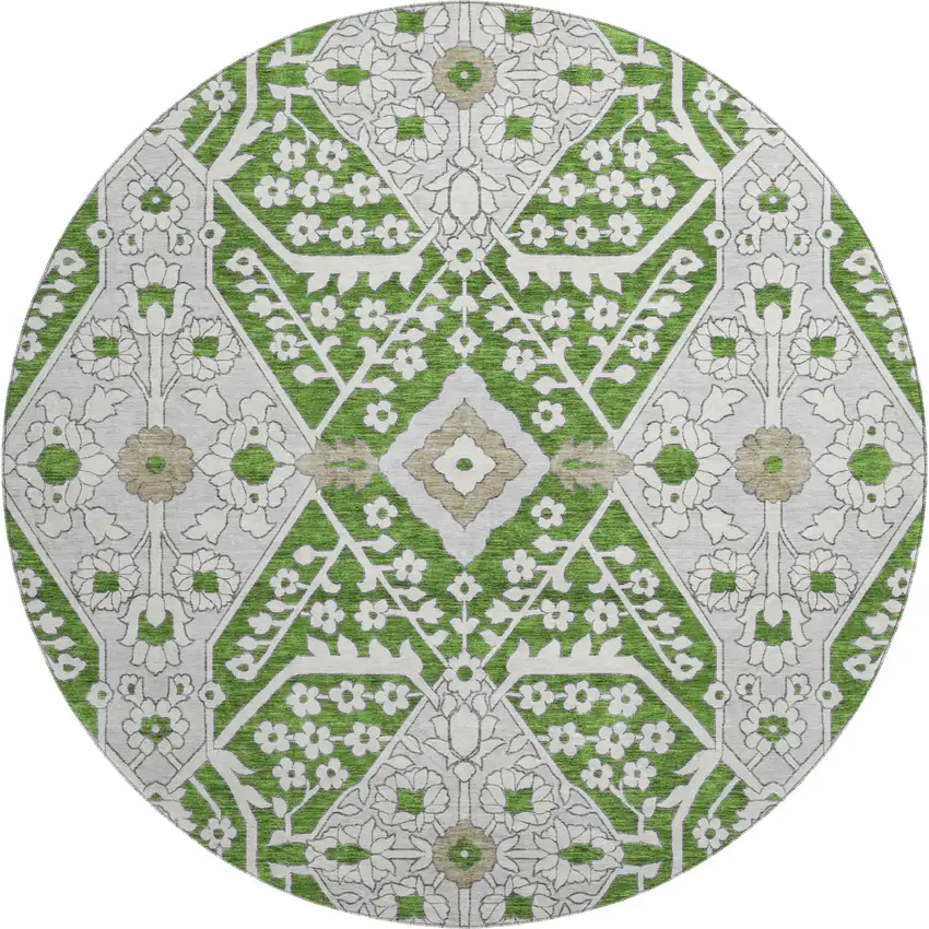 8' Green Ivory And Gray Floral Washable Round Rug With UV Protection Photo 2
