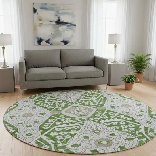 8' Green Ivory And Gray Floral Washable Round Rug With UV Protection Photo 1
