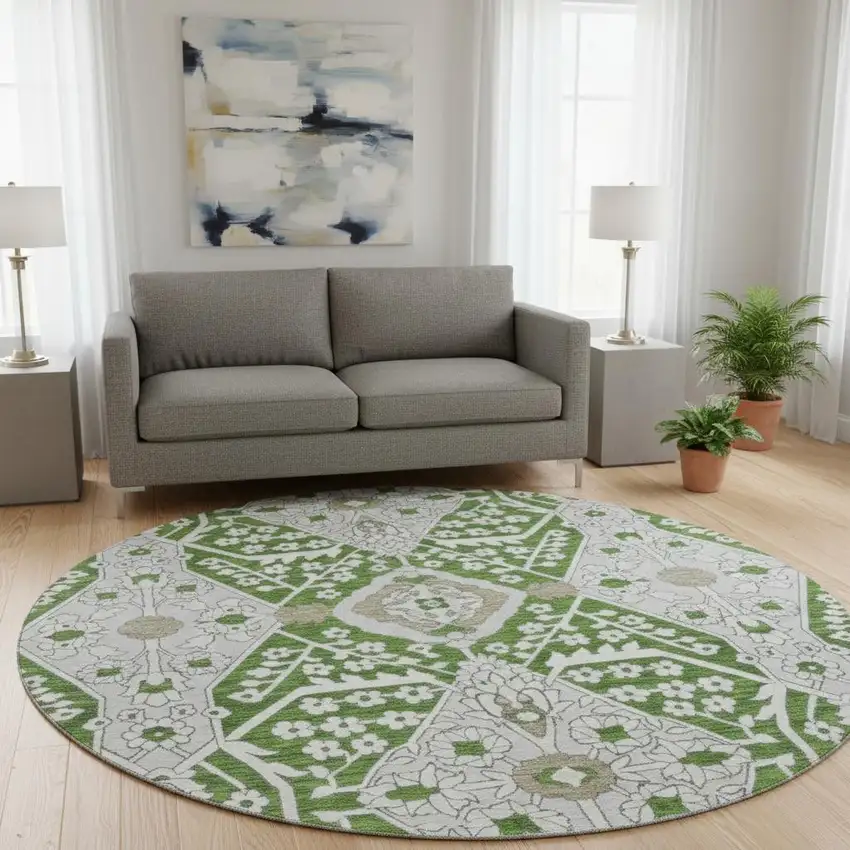 8' Green Ivory And Gray Floral Washable Round Rug With UV Protection Photo 1