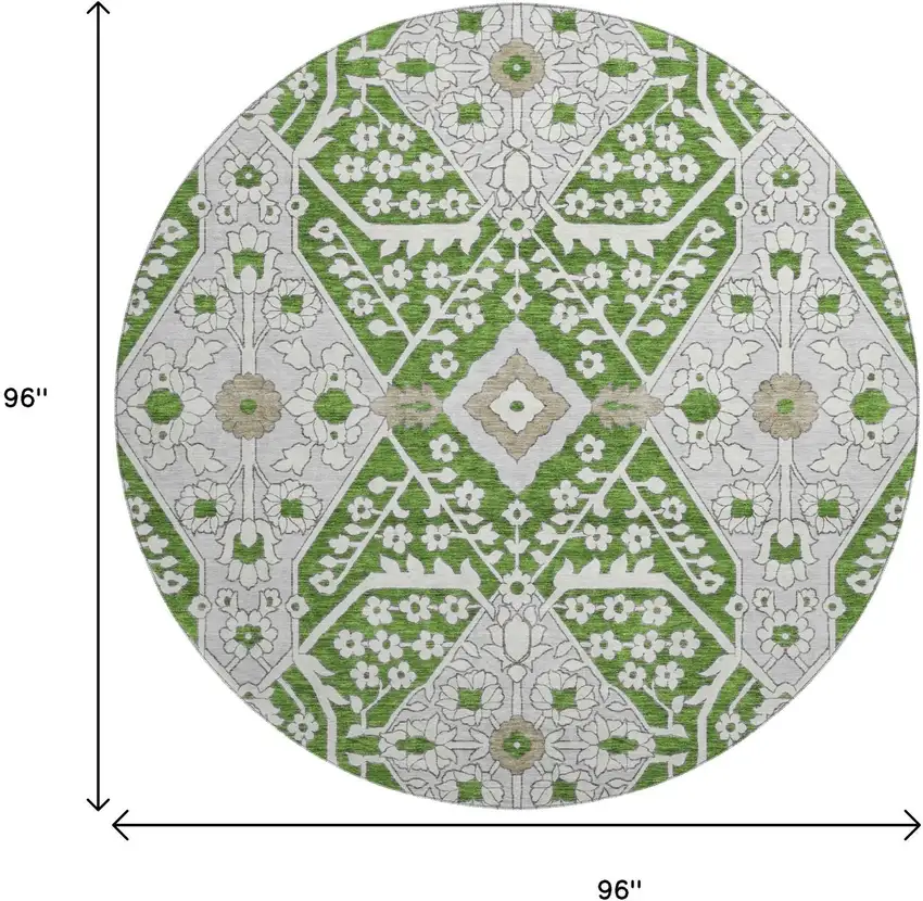 8' Green Ivory And Gray Floral Washable Round Rug With UV Protection Photo 3