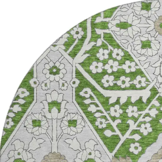 8' Green Ivory And Gray Floral Washable Round Rug With UV Protection Photo 5