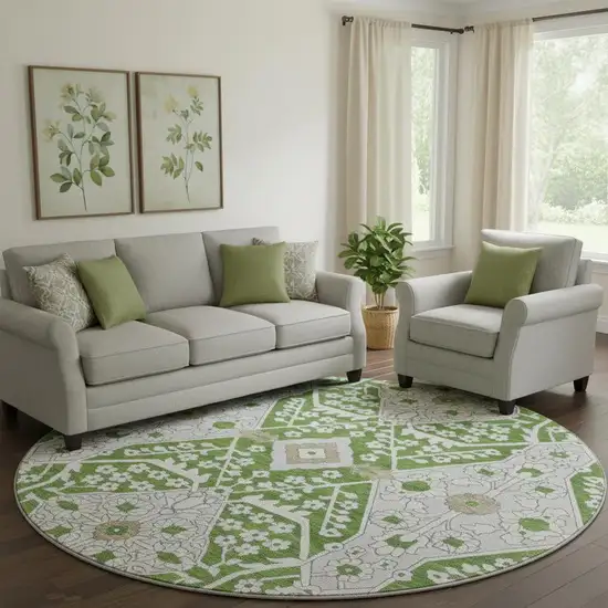 8' Green Ivory And Gray Floral Washable Round Rug With UV Protection Photo 1