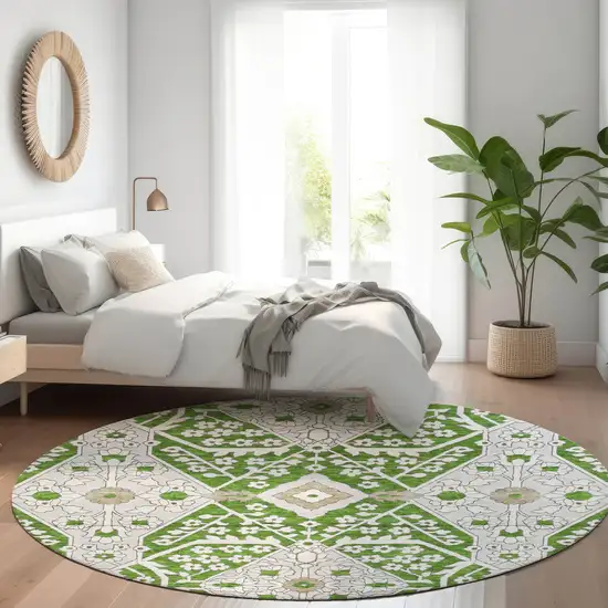 8' Green Ivory And Gray Floral Washable Round Rug With UV Protection Photo 6