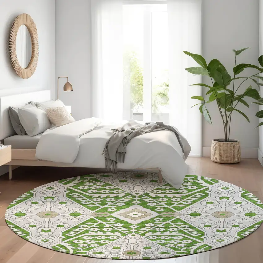 8' Green Ivory And Gray Floral Washable Round Rug With UV Protection Photo 6