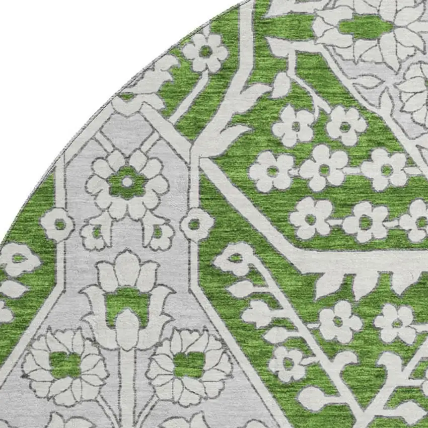 8' Green Ivory And Gray Floral Washable Round Rug With UV Protection Photo 4