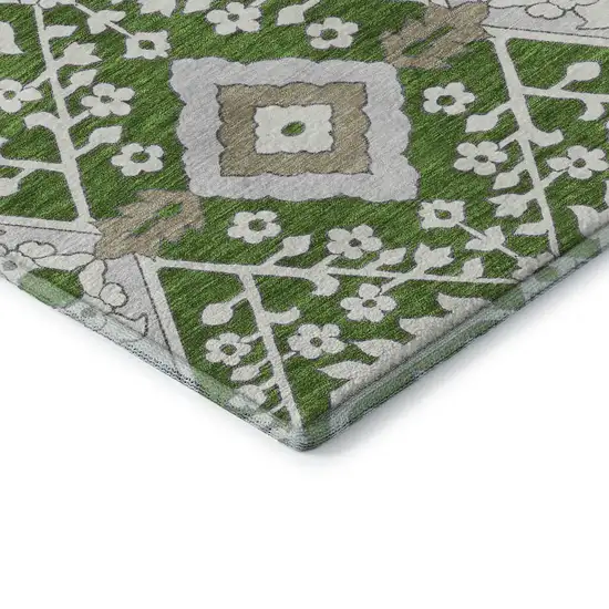 8' Green Ivory And Gray Floral Washable Round Rug With UV Protection Photo 8