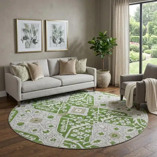 8' Green Ivory And Gray Floral Washable Round Rug With UV Protection Photo 1