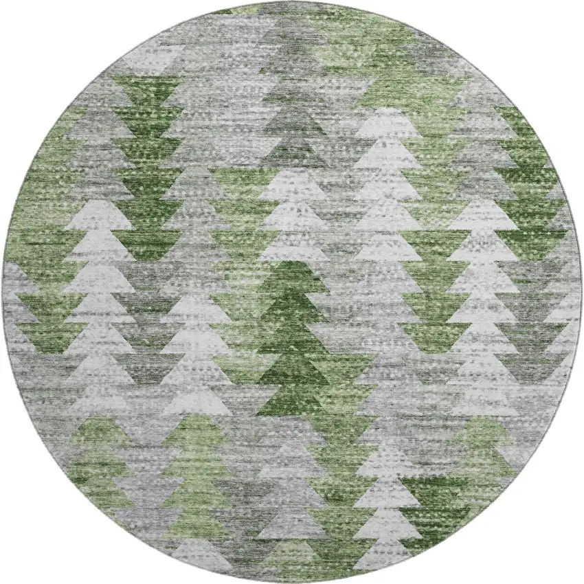 8' Green Ivory And Gray Geometric Washable Round Rug With UV Protection Photo 1