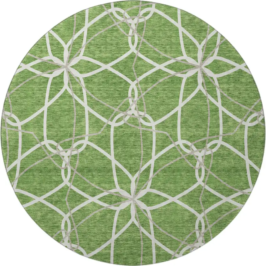 8' Green Ivory And Gray Geometric Washable Round Rug With UV Protection Photo 3