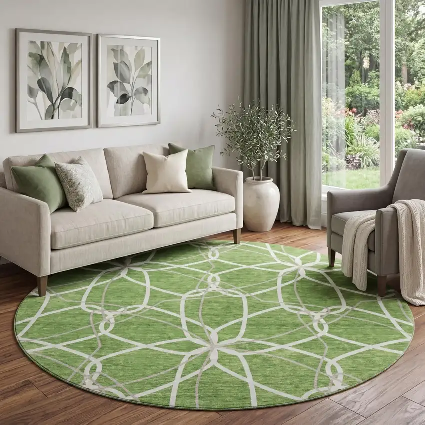8' Green Ivory And Gray Geometric Washable Round Rug With UV Protection Photo 1