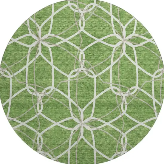 8' Green Ivory And Gray Geometric Washable Round Rug With UV Protection Photo 2