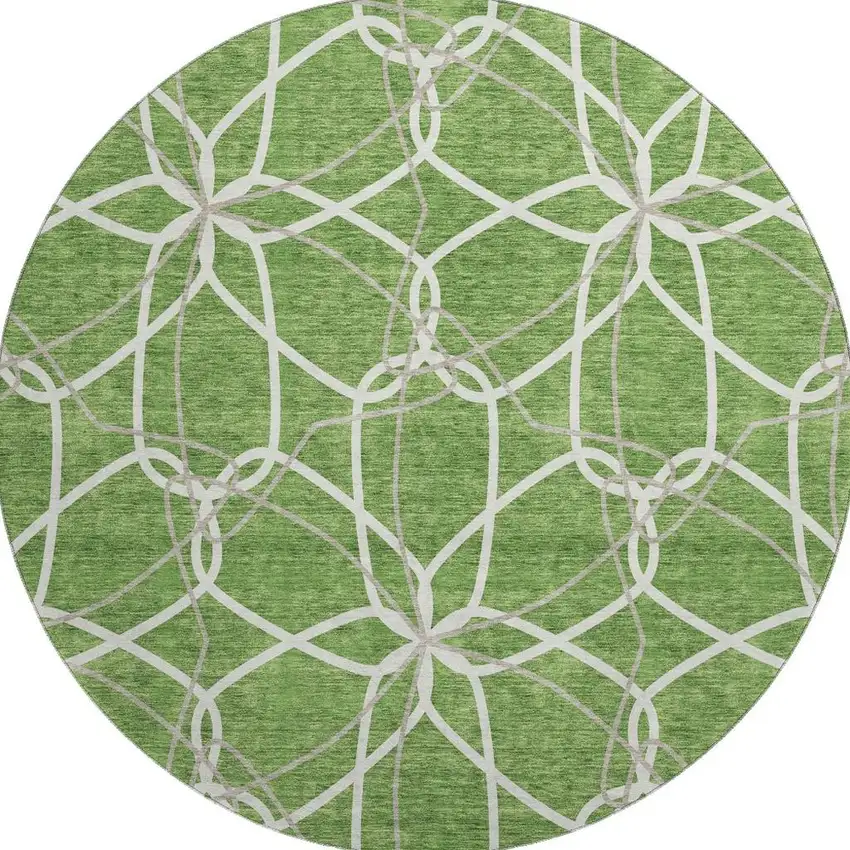 8' Green Ivory And Gray Geometric Washable Round Rug With UV Protection Photo 2