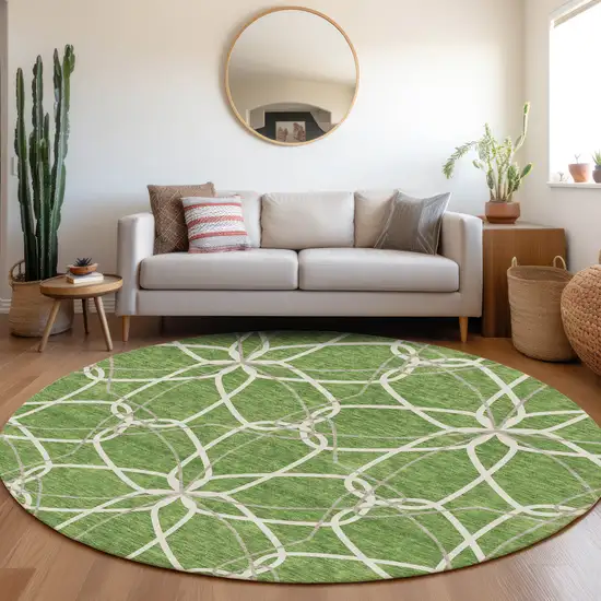 8' Green Ivory And Gray Geometric Washable Round Rug With UV Protection Photo 4