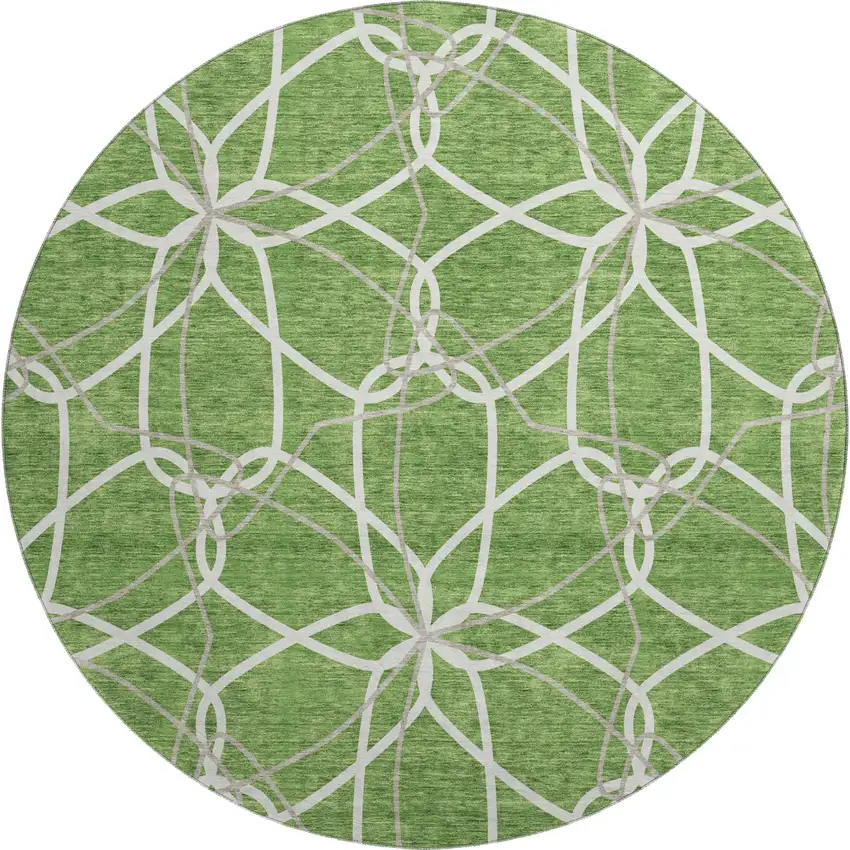 8' Green Ivory And Gray Geometric Washable Round Rug With UV Protection Photo 1