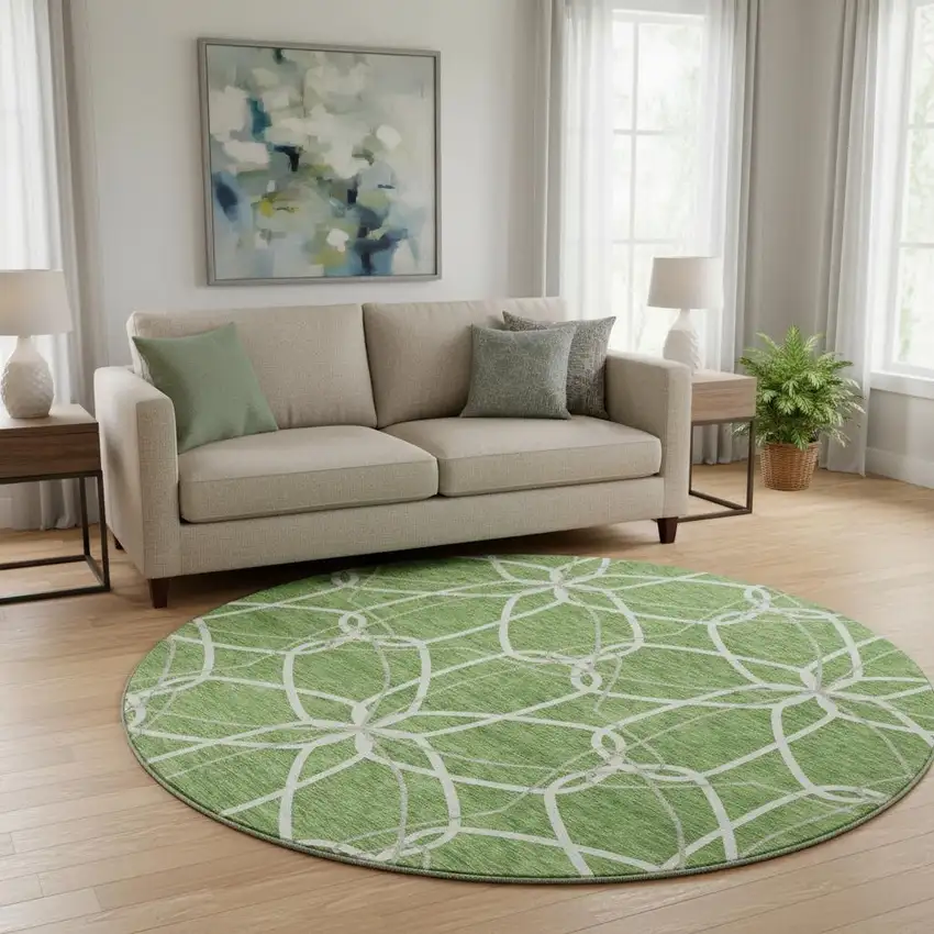 8' Green Ivory And Gray Geometric Washable Round Rug With UV Protection Photo 2