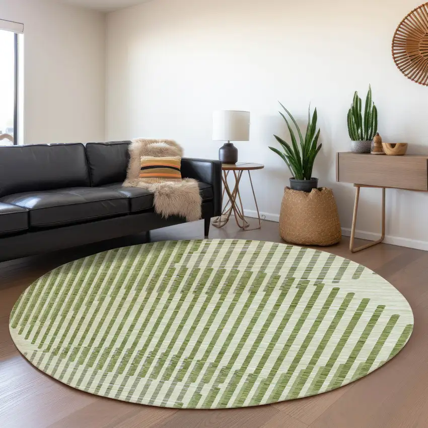 8' Green Ivory And Gray Geometric Washable Round Rug With UV Protection Photo 4