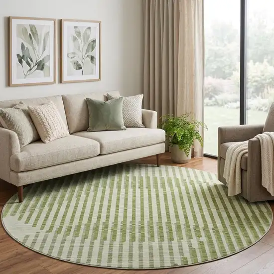 8' Green Ivory And Gray Geometric Washable Round Rug With UV Protection Photo 1