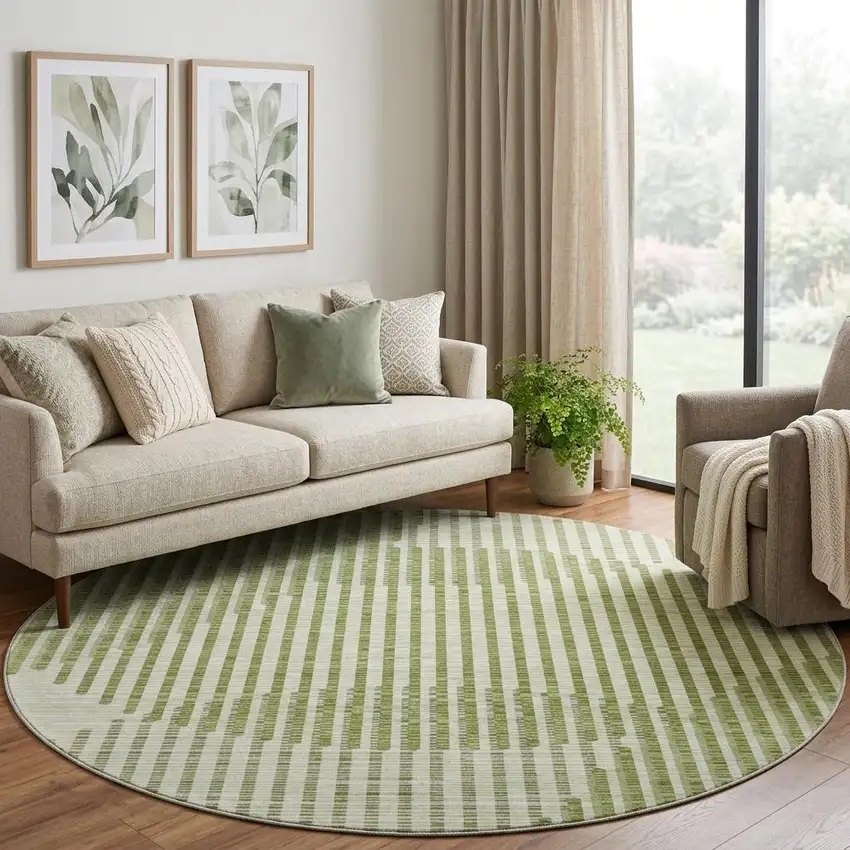 8' Green Ivory And Gray Geometric Washable Round Rug With UV Protection Photo 1