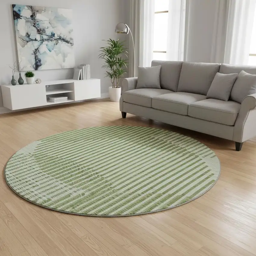 8' Green Ivory And Gray Geometric Washable Round Rug With UV Protection Photo 2