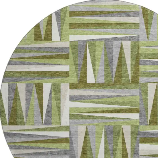 8' Green Ivory And Gray Geometric Washable Round Rug With UV Protection Photo 2