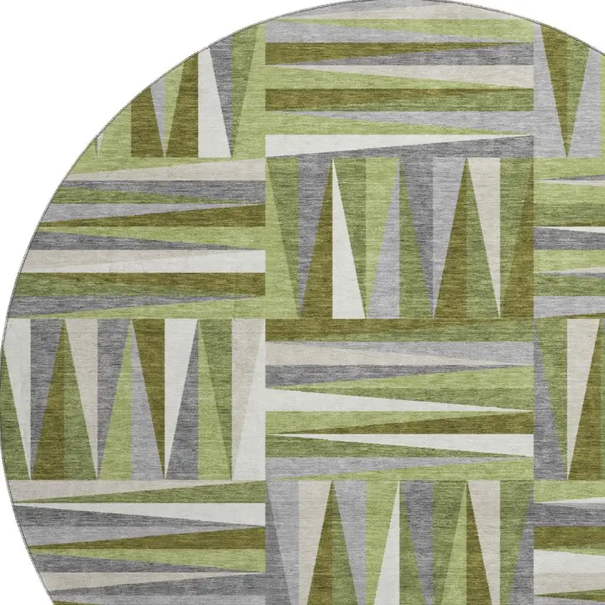 8' Green Ivory And Gray Geometric Washable Round Rug With UV Protection Photo 2