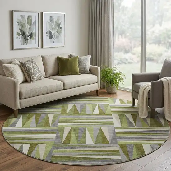 8' Green Ivory And Gray Geometric Washable Round Rug With UV Protection Photo 1