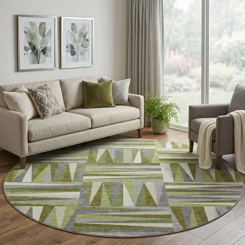 8' Green Ivory And Gray Geometric Washable Round Rug With UV Protection Photo 1