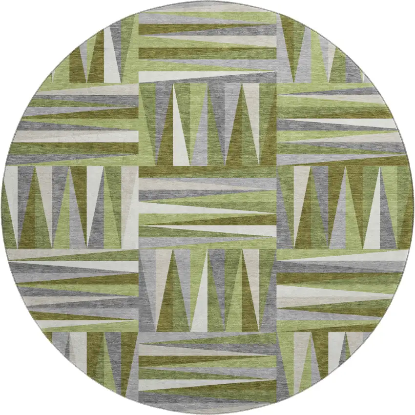 8' Green Ivory And Gray Geometric Washable Round Rug With UV Protection Photo 1